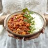 chili with rice in a bowl